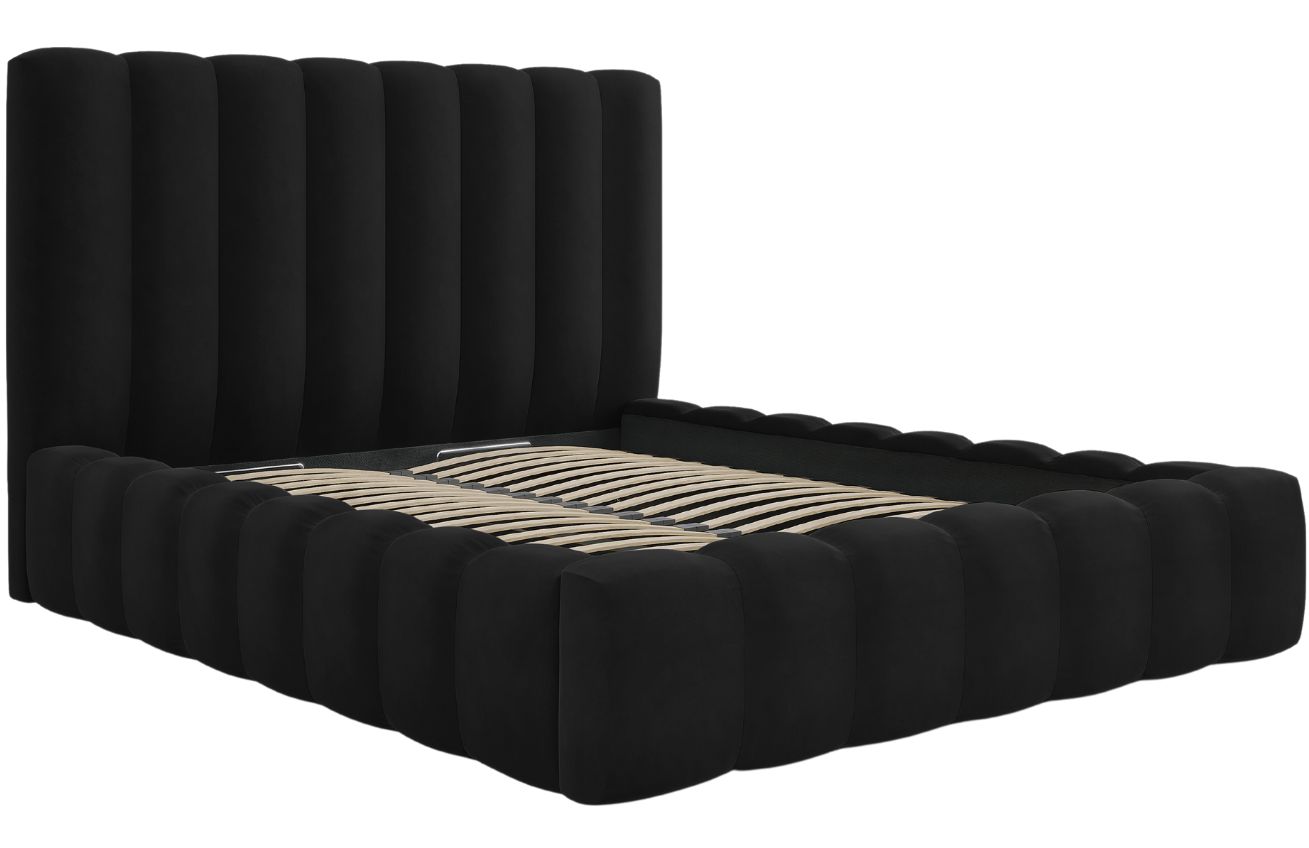 Černá sametová dvoulůžková postel MICADONI Kelp 160 x 200 cm s úložným prostorem