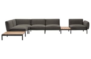 Kave Home Zahradní rohová pohovka Sorells 446 cm se stolky se šedou podnoží